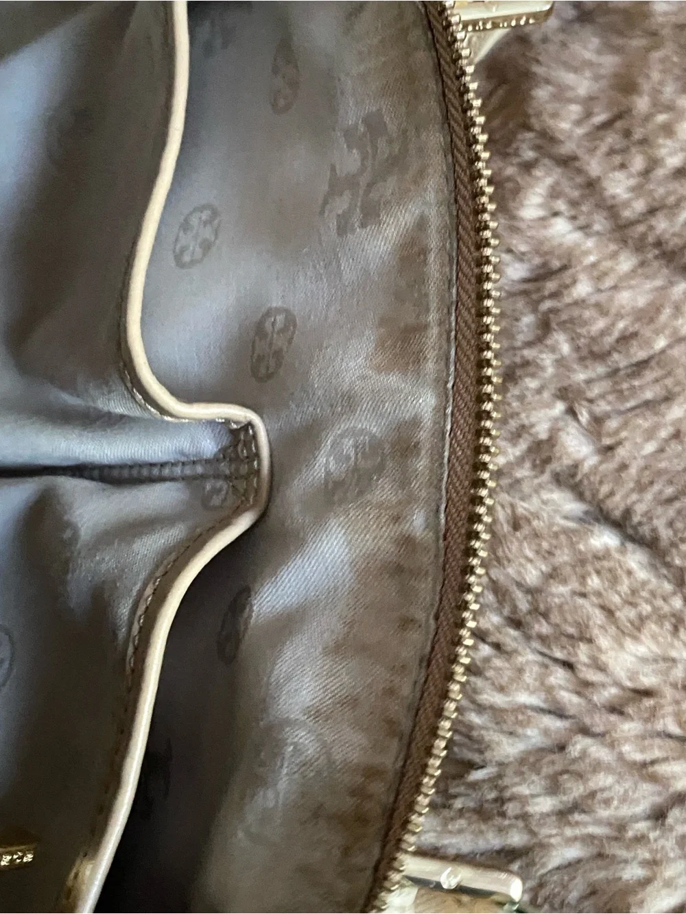 Tory Burch Taupe with Cream Trim Leather Satchel
